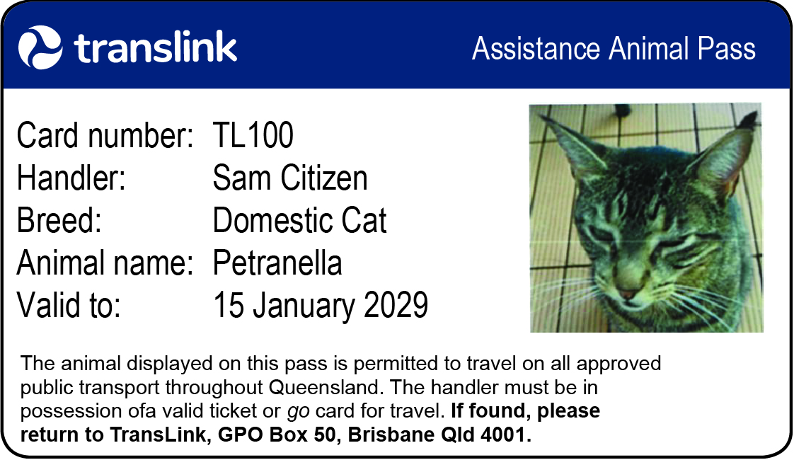 Translink Assistance Animal Pass cat (front)​